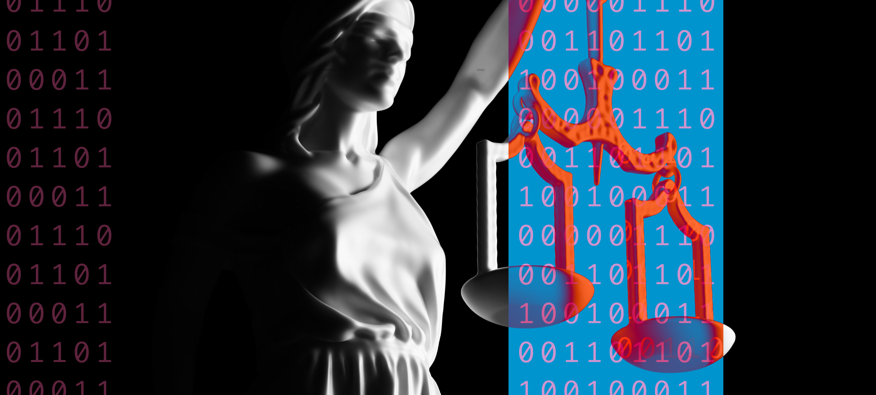 Scales of justice with binary code behind it